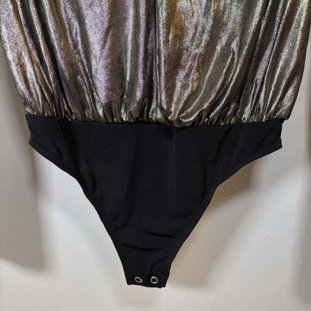 Express Top Womens XSmall Gold Metallic Longsleeve Bodysuit Drapey Festive Bold‎ - Picture 3 of 7